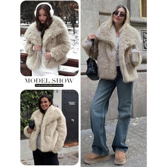 Womens Apricot Faux Fur Coat Fluffy Shaggy Long Sleeve Winter Warm Jacket - Picture 7 of 7